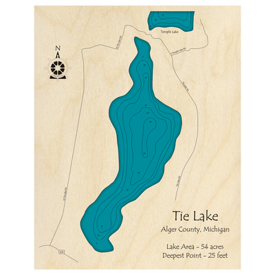 Bathymetric topo map of Tie Lake, MI with roads, towns and depths noted in blue water.