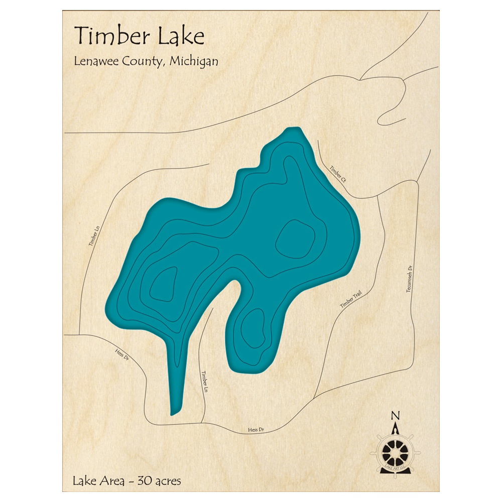 Bathymetric topo map of Timber Lake, MI with roads, towns and depths noted in blue water.