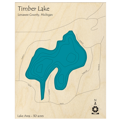 Bathymetric topo map of Timber Lake, MI with roads, towns and depths noted in blue water.