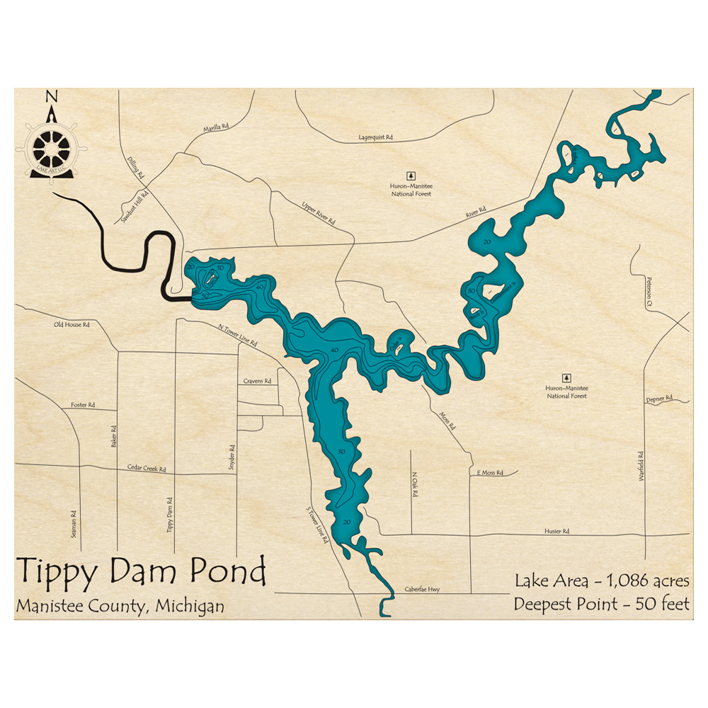 Bathymetric topo map of Tippy Dam Pond, MI with roads, towns and depths noted in blue water.