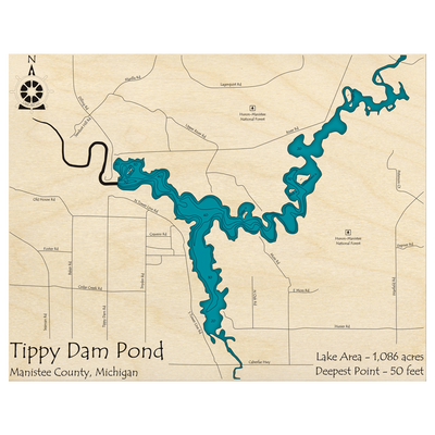 Bathymetric topo map of Tippy Dam Pond, MI with roads, towns and depths noted in blue water.