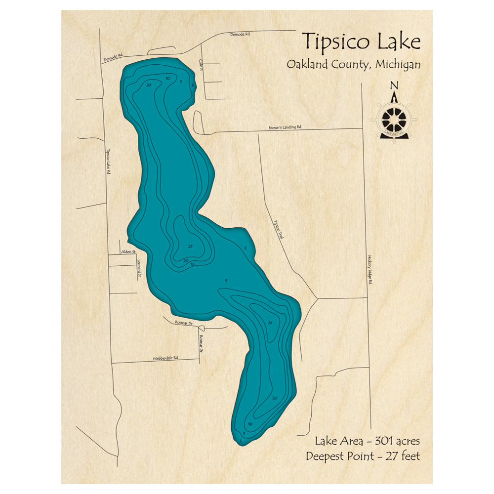 Bathymetric topo map of Tipsico Lake, MI with roads, towns and depths noted in blue water.