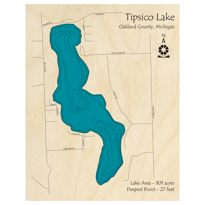 Bathymetric topo map of Tipsico Lake, MI with roads, towns and depths noted in blue water.