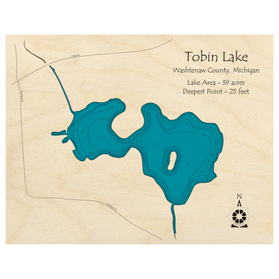 Bathymetric topo map of Tobin Lake, MI with roads, towns and depths noted in blue water.