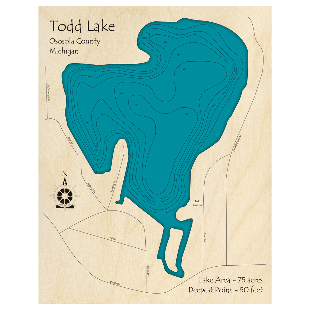 Bathymetric topo map of Todd Lake, MI with roads, towns and depths noted in blue water.