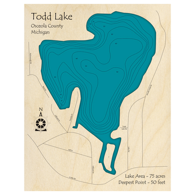 Bathymetric topo map of Todd Lake, MI with roads, towns and depths noted in blue water.