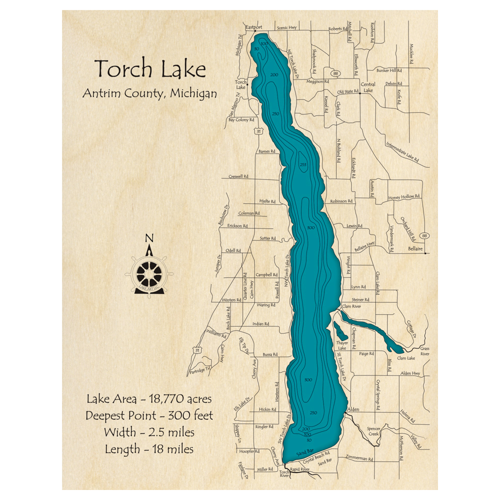 Bathymetric topo map of Torch Lake, MI with roads, towns and depths noted in blue water.
