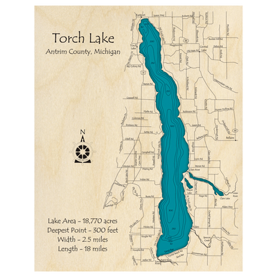 Bathymetric topo map of Torch Lake, MI with roads, towns and depths noted in blue water.