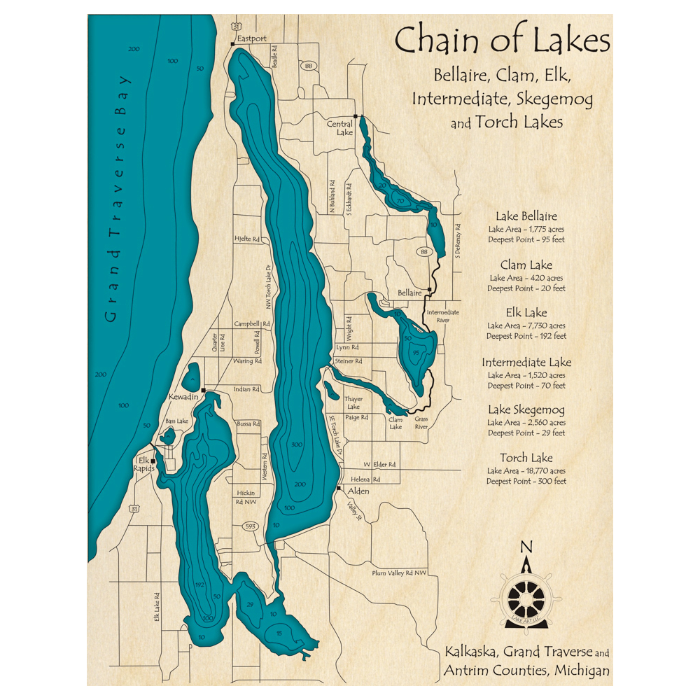 Torch Lake, Michigan 3D Custom Wood Map Lake Art LLC
