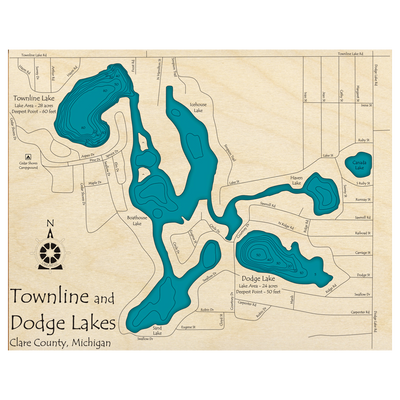 Bathymetric topo map of Townline Lake, MI with roads, towns and depths noted in blue water.