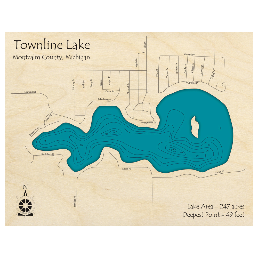 Bathymetric topo map of Townline Lake, MI with roads, towns and depths noted in blue water.