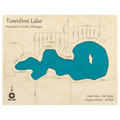 Bathymetric topo map of Townline Lake, MI with roads, towns and depths noted in blue water.