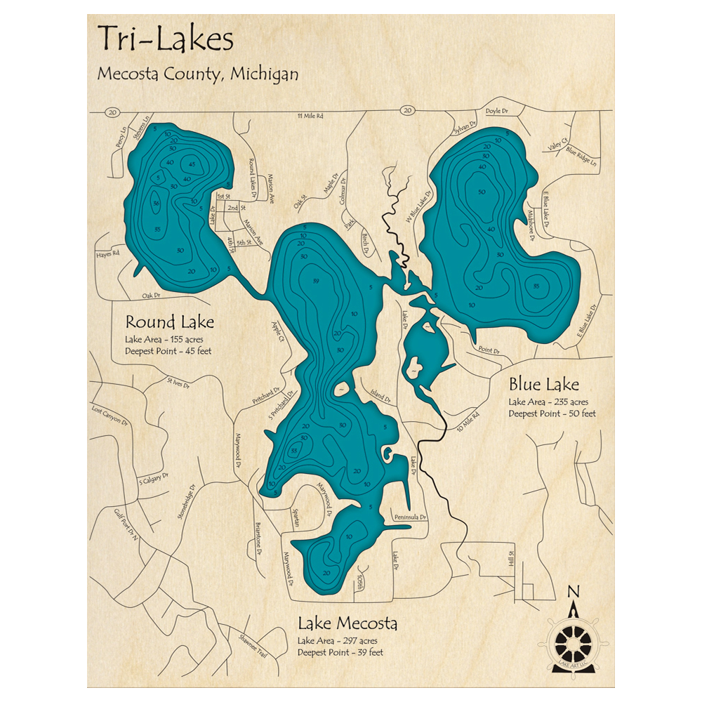 Bathymetric topo map of Lake Mecosta, MI with roads, towns and depths noted in blue water.