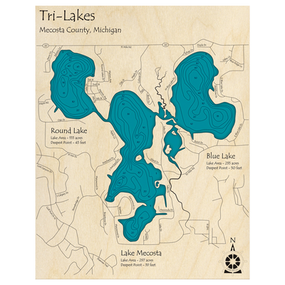Bathymetric topo map of Lake Mecosta, MI with roads, towns and depths noted in blue water.