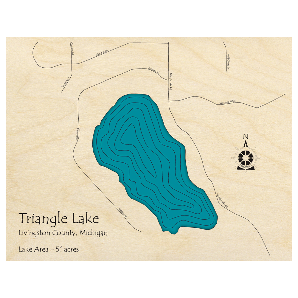 Bathymetric topo map of Triangle Lake, MI with roads, towns and depths noted in blue water.
