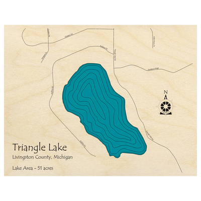 Bathymetric topo map of Triangle Lake, MI with roads, towns and depths noted in blue water.