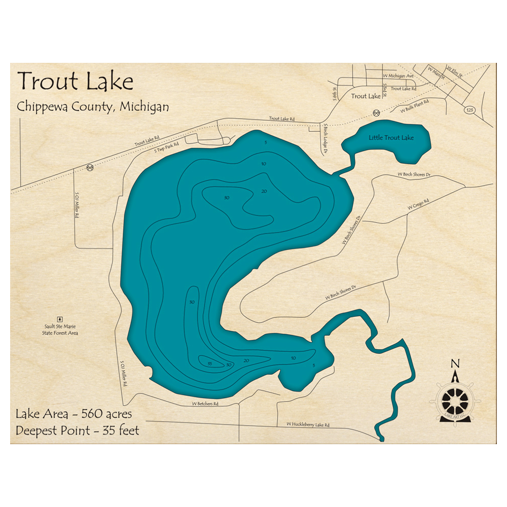 Bathymetric topo map of Trout Lake, MI with roads, towns and depths noted in blue water.
