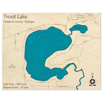 Bathymetric topo map of Trout Lake, MI with roads, towns and depths noted in blue water.