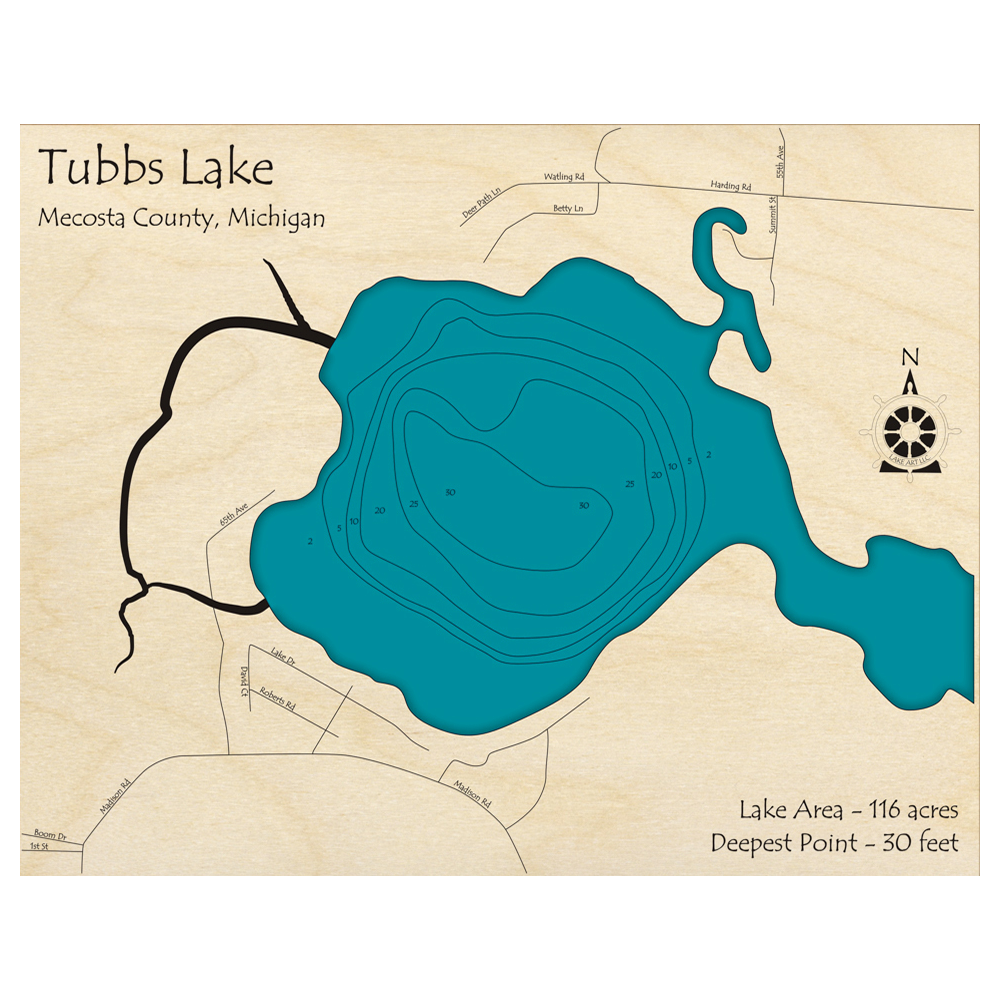 Bathymetric topo map of Tubbs Lake, MI with roads, towns and depths noted in blue water.