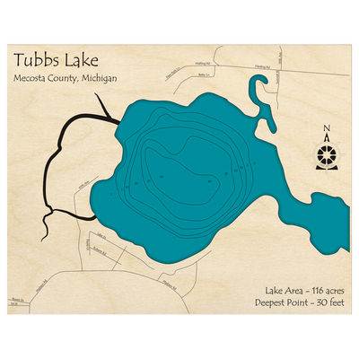 Bathymetric topo map of Tubbs Lake, MI with roads, towns and depths noted in blue water.