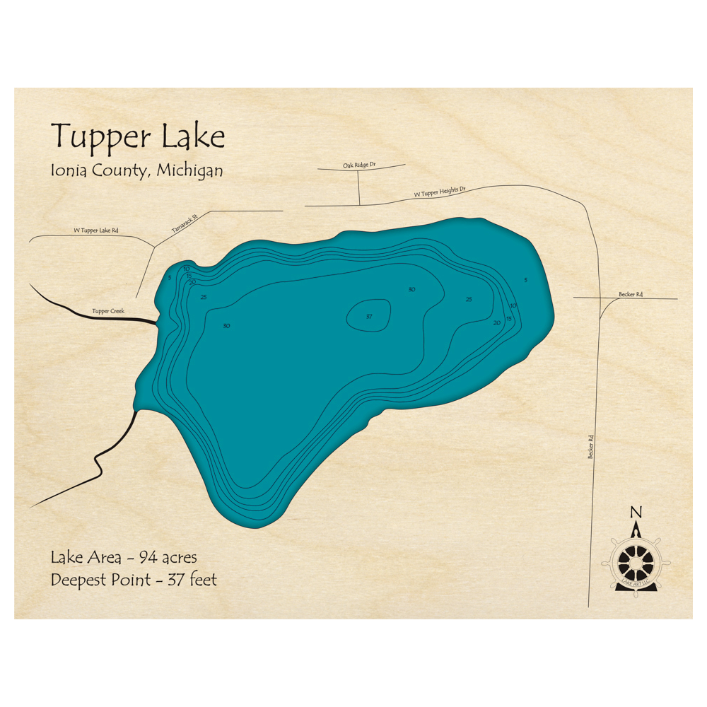 Bathymetric topo map of Tupper Lake, MI with roads, towns and depths noted in blue water.