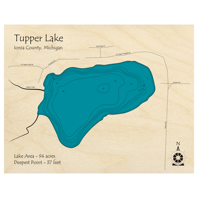 Bathymetric topo map of Tupper Lake, MI with roads, towns and depths noted in blue water.