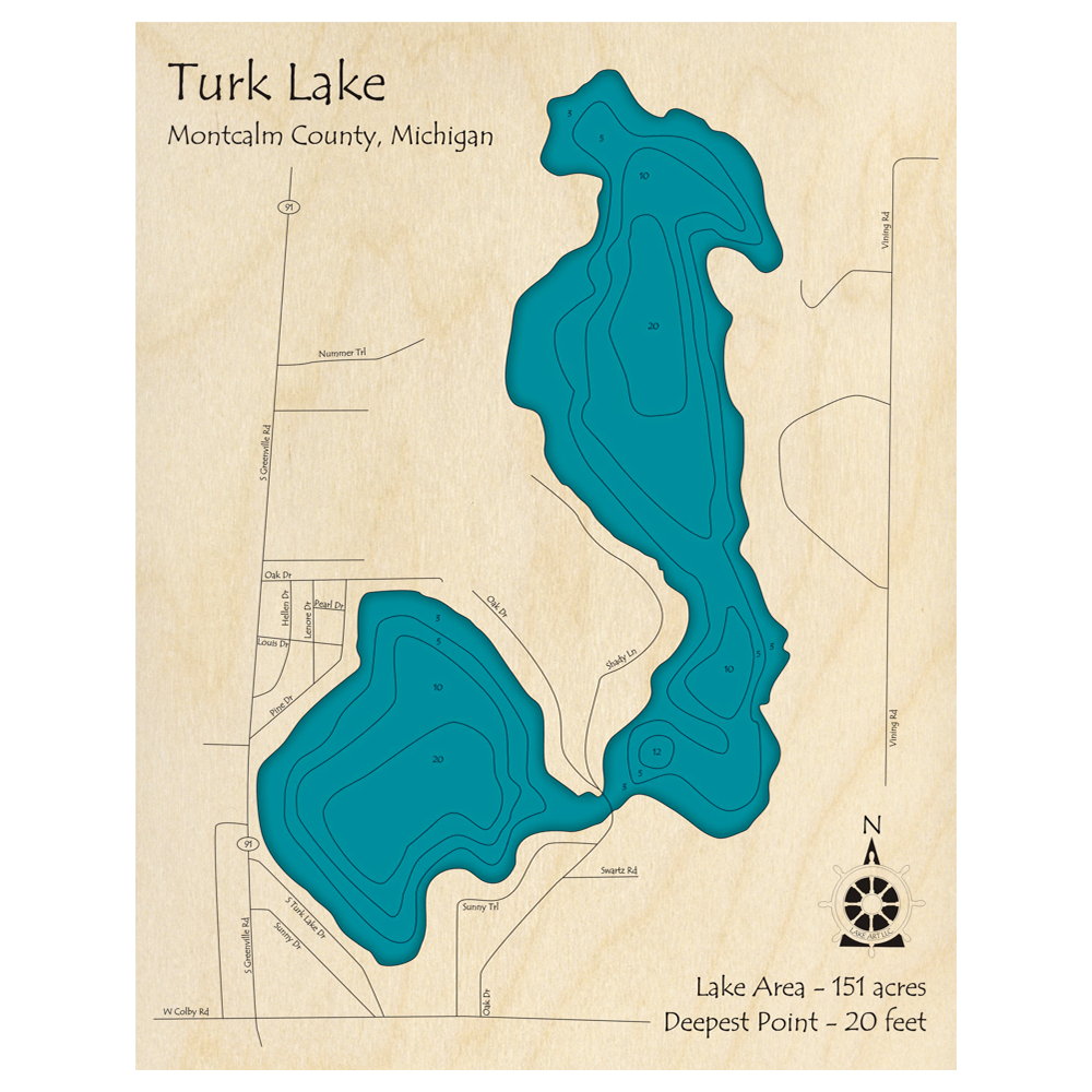Bathymetric topo map of Turk Lake, MI with roads, towns and depths noted in blue water.