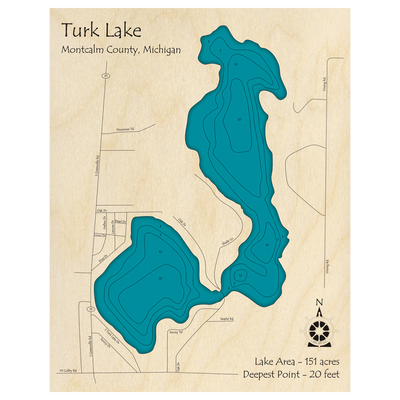 Bathymetric topo map of Turk Lake, MI with roads, towns and depths noted in blue water.
