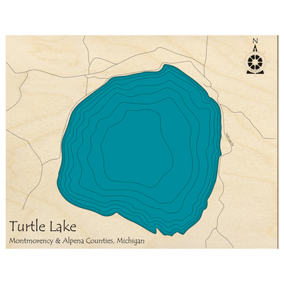 Bathymetric topo map of Turtle Lake, MI with roads, towns and depths noted in blue water.