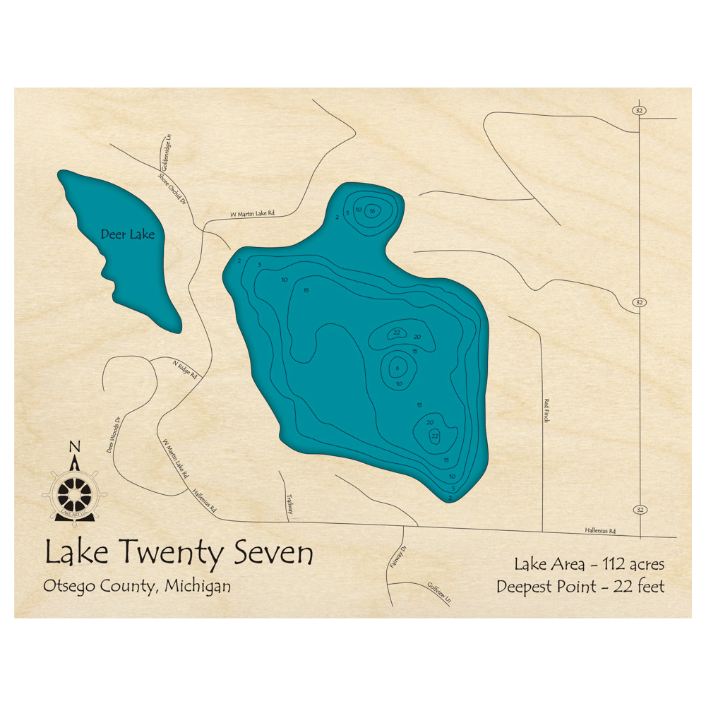 Bathymetric topo map of Lake Twenty-Seven, MI with roads, towns and depths noted in blue water.