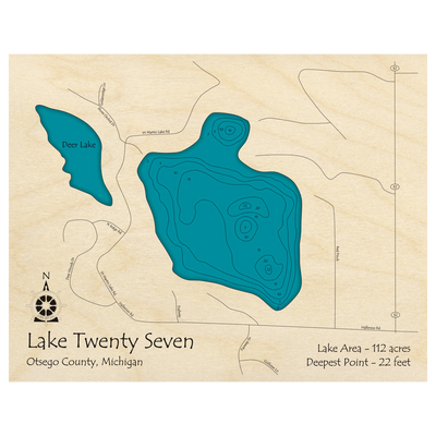 Bathymetric topo map of Lake Twenty-Seven, MI with roads, towns and depths noted in blue water.