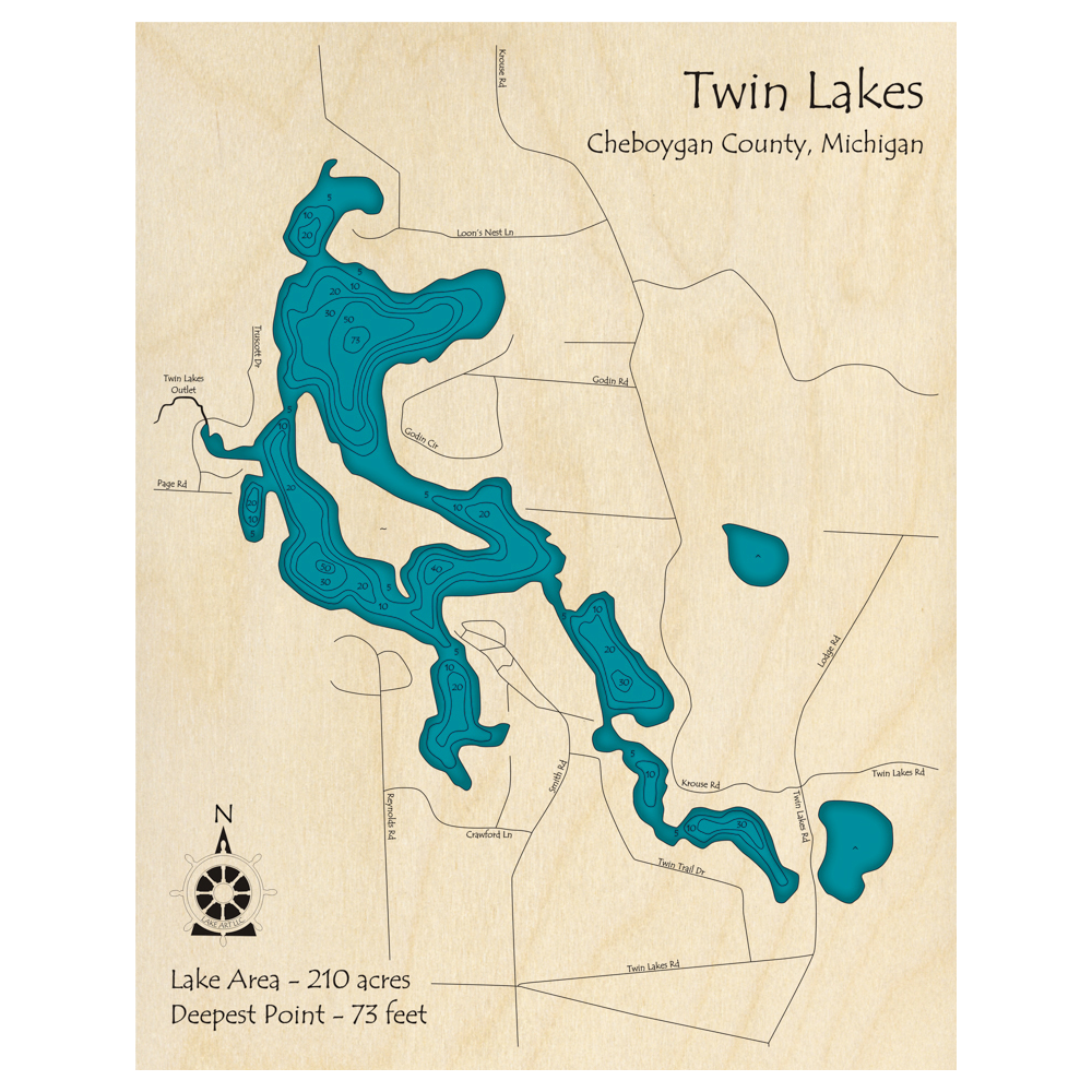 Bathymetric topo map of Twin Lakes, MI with roads, towns and depths noted in blue water.
