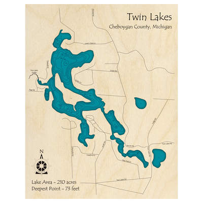 Bathymetric topo map of Twin Lakes, MI with roads, towns and depths noted in blue water.