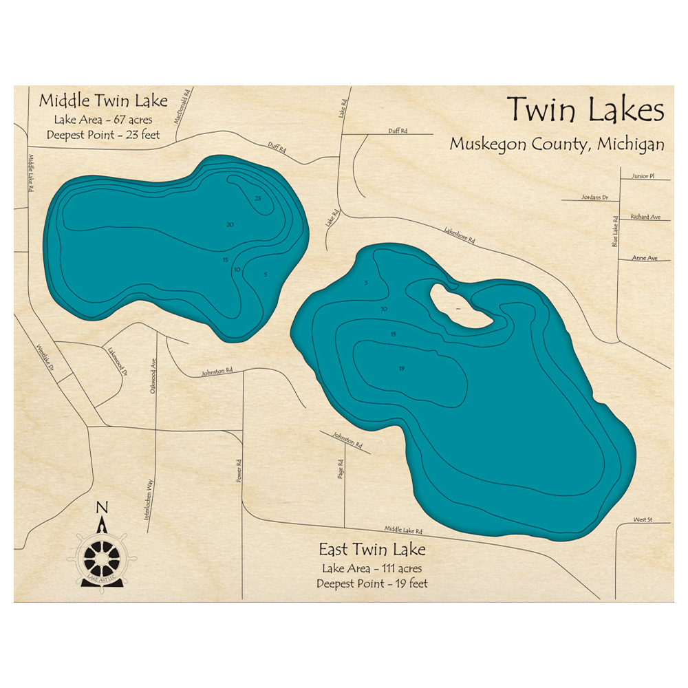 Bathymetric topo map of East Twin Lake, MI with roads, towns and depths noted in blue water.