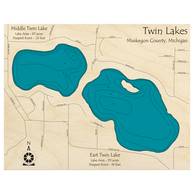 Bathymetric topo map of East Twin Lake, MI with roads, towns and depths noted in blue water.