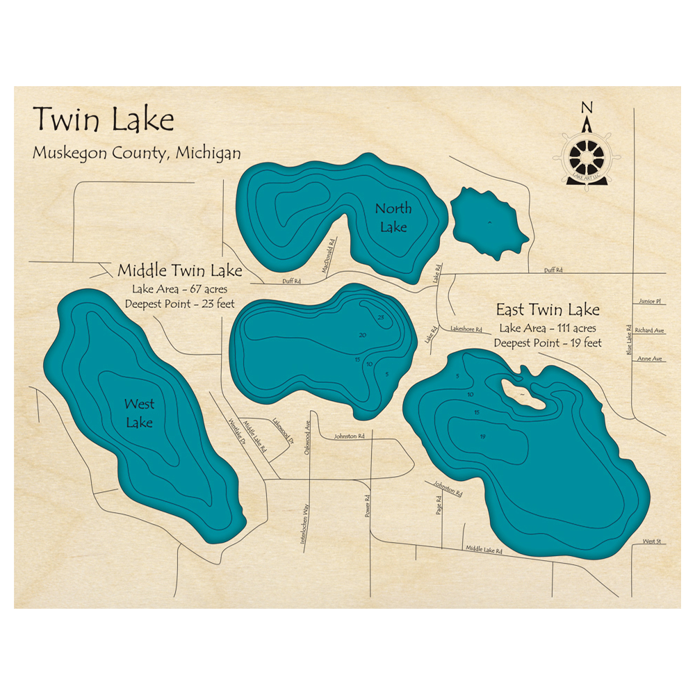 Bathymetric topo map of Twin Lakes, MI with roads, towns and depths noted in blue water.