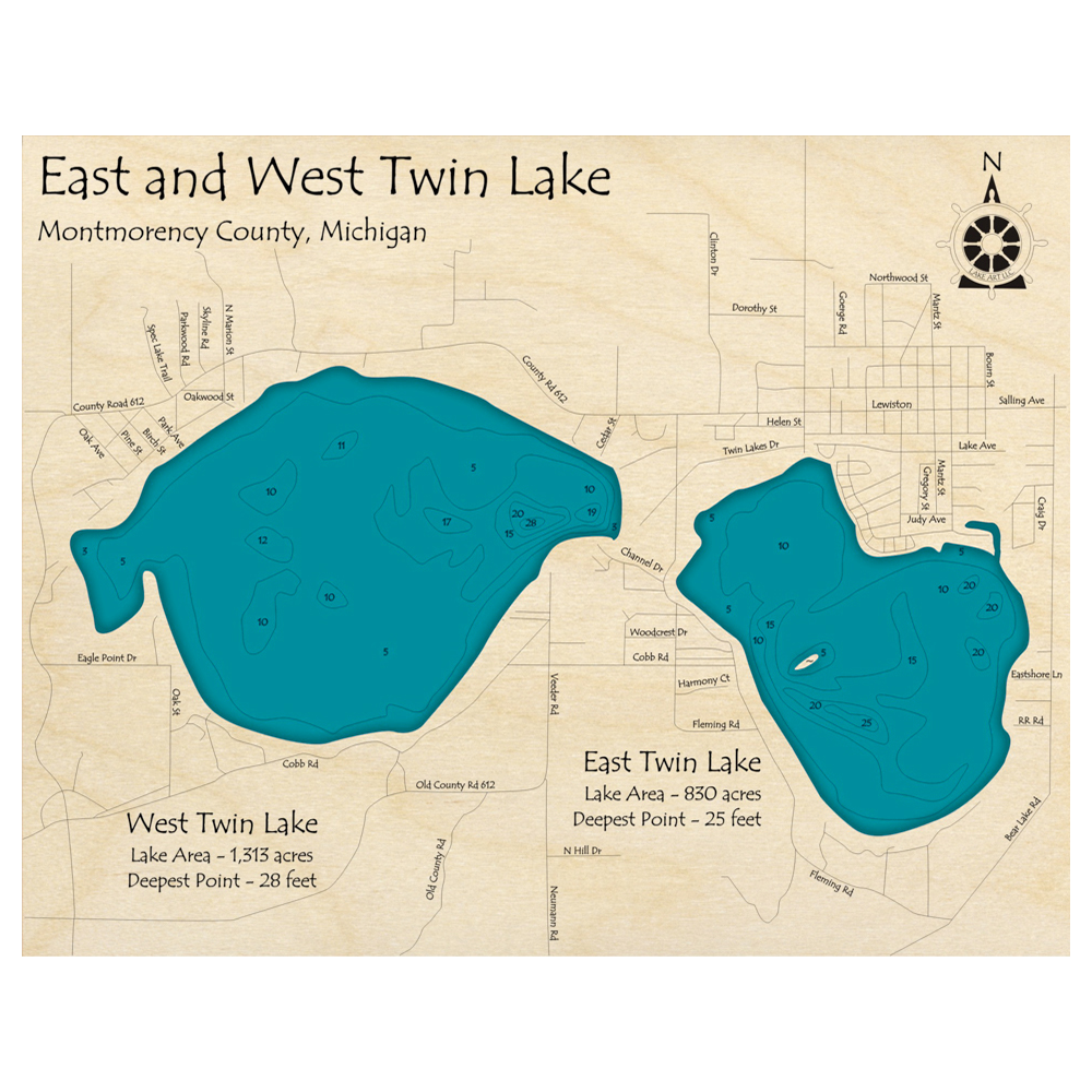 Bathymetric topo map of East and West Twin Lakes, MI with roads, towns and depths noted in blue water.