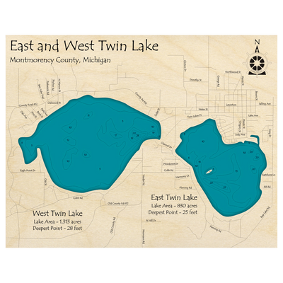 Bathymetric topo map of East and West Twin Lakes, MI with roads, towns and depths noted in blue water.