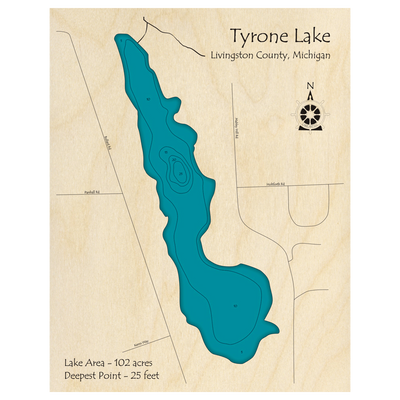 Bathymetric topo map of Lake Tyrone, MI with roads, towns and depths noted in blue water.