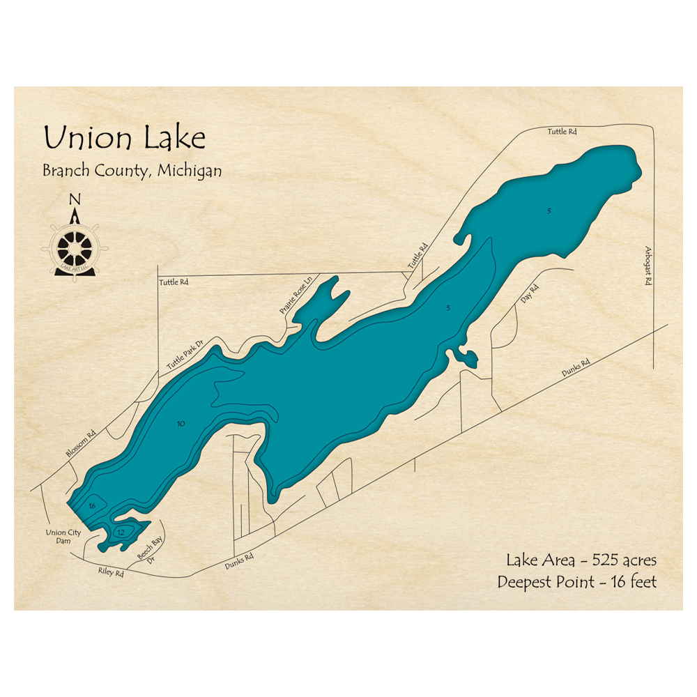 Bathymetric topo map of Union Lake, MI with roads, towns and depths noted in blue water.