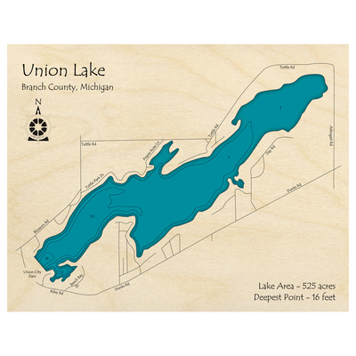 Bathymetric topo map of Union Lake, MI with roads, towns and depths noted in blue water.