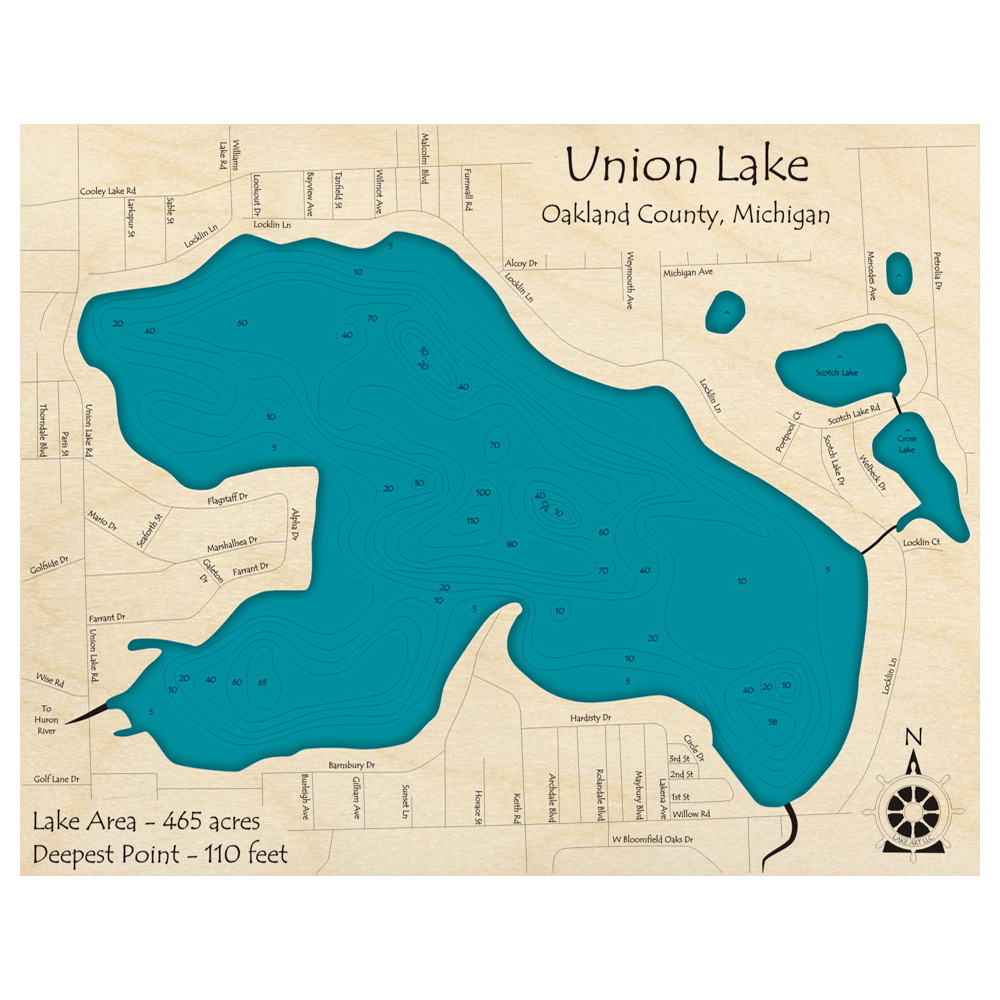 Bathymetric topo map of Union Lake, MI with roads, towns and depths noted in blue water.