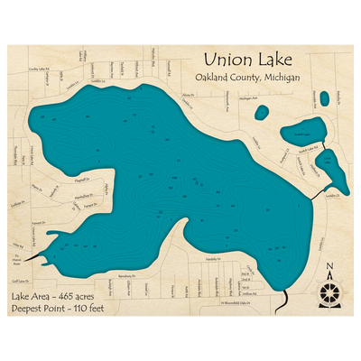 Bathymetric topo map of Union Lake, MI with roads, towns and depths noted in blue water.