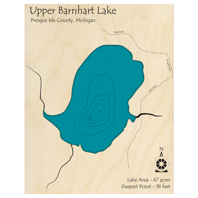 Bathymetric topo map of Upper Barnhart Lake, MI with roads, towns and depths noted in blue water.