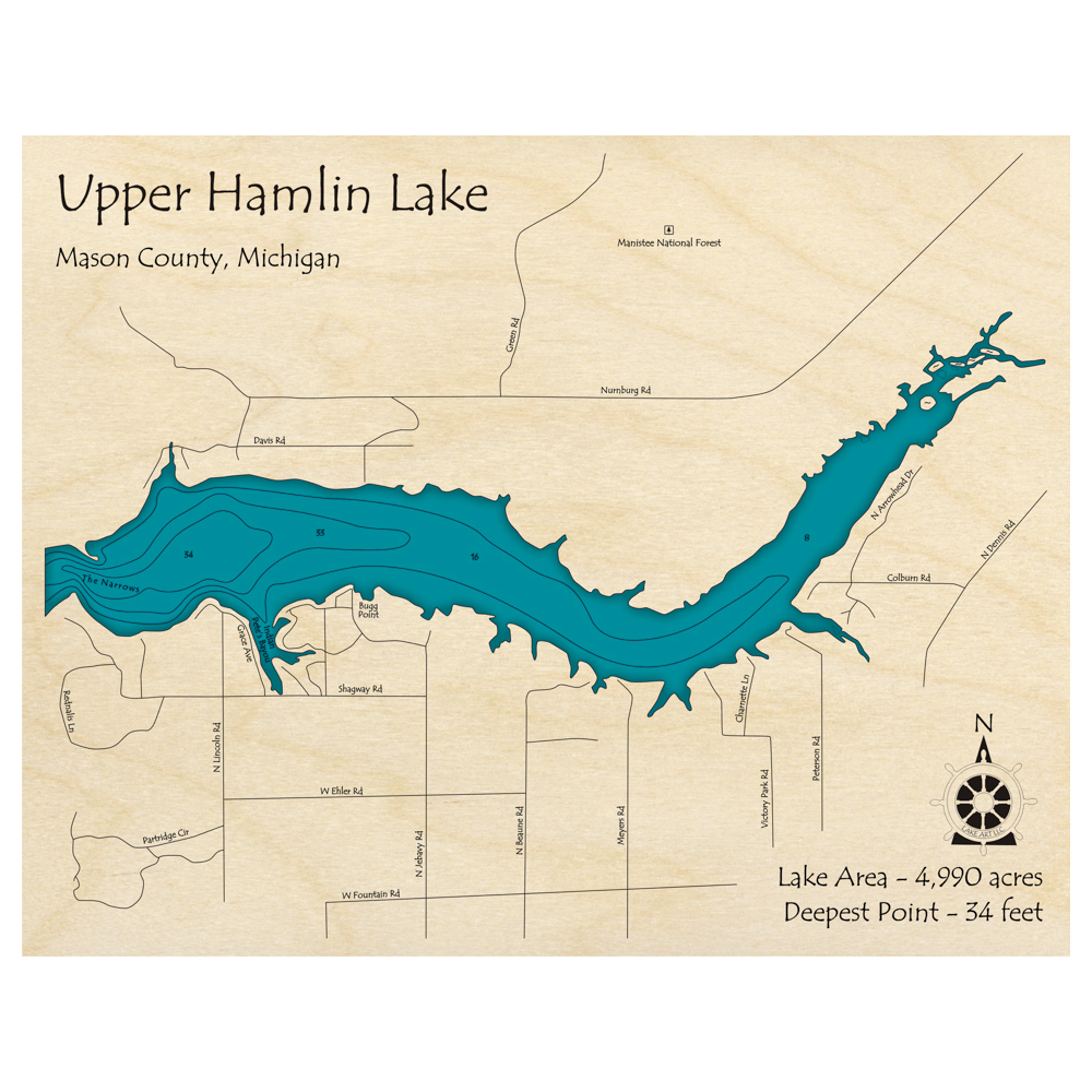 Bathymetric topo map of Hamlin Lake, MI with roads, towns and depths noted in blue water.