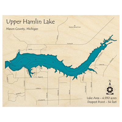 Bathymetric topo map of Hamlin Lake, MI with roads, towns and depths noted in blue water.