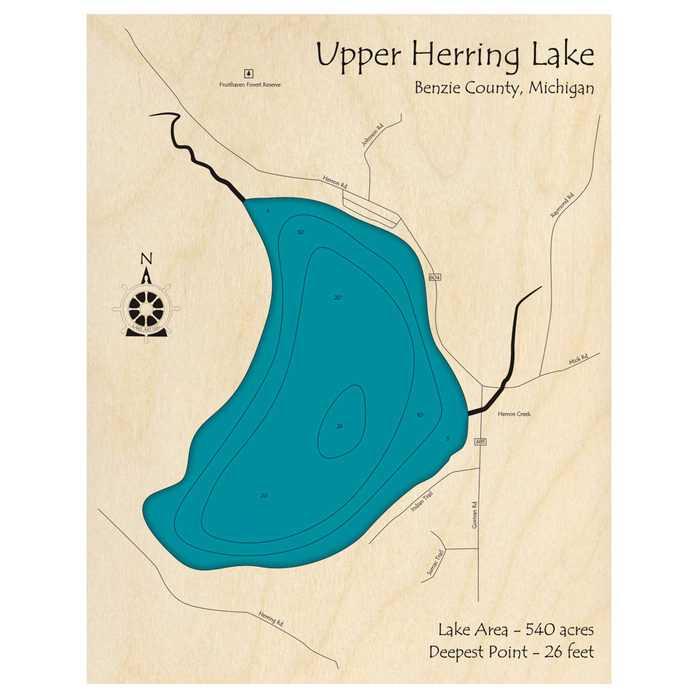 Bathymetric topo map of Upper Herring Lake, MI with roads, towns and depths noted in blue water.