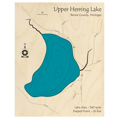 Bathymetric topo map of Upper Herring Lake, MI with roads, towns and depths noted in blue water.