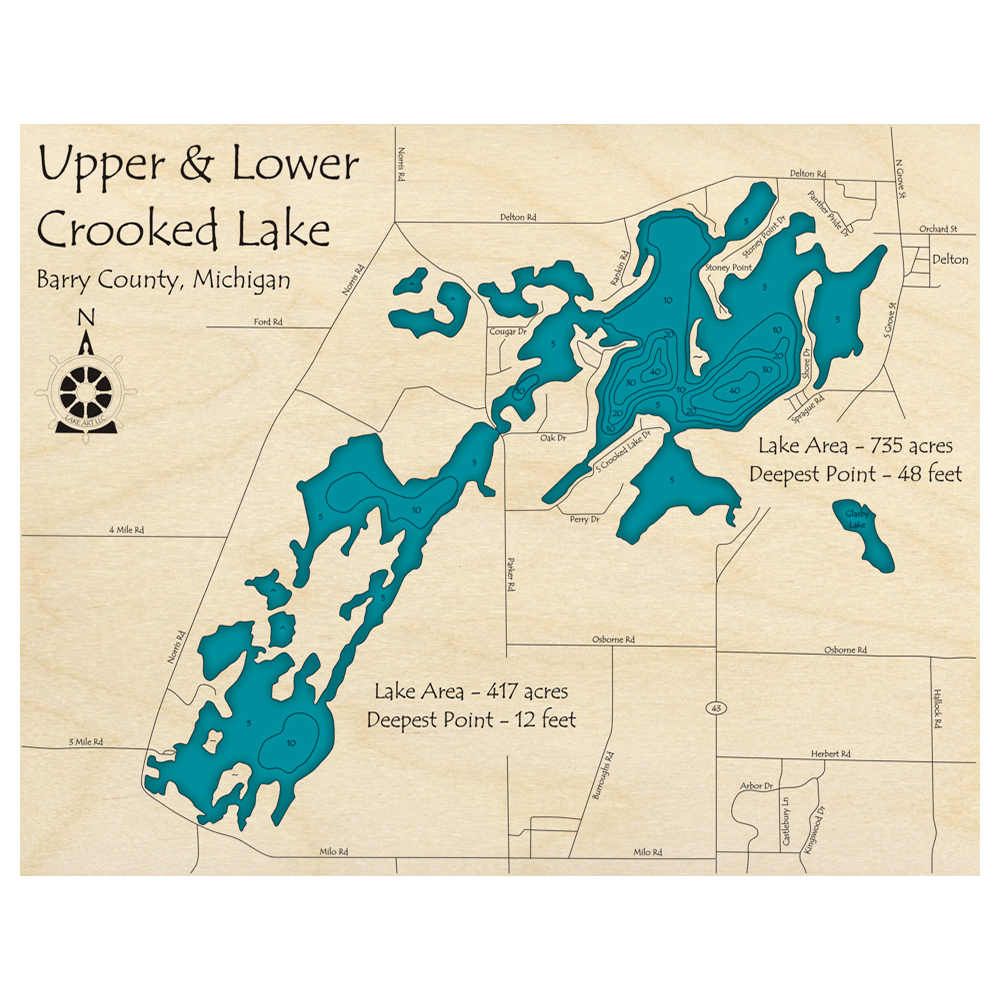 Bathymetric topo map of Crooked Lakes, MI with roads, towns and depths noted in blue water.