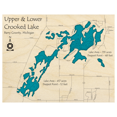 Bathymetric topo map of Crooked Lakes, MI with roads, towns and depths noted in blue water.